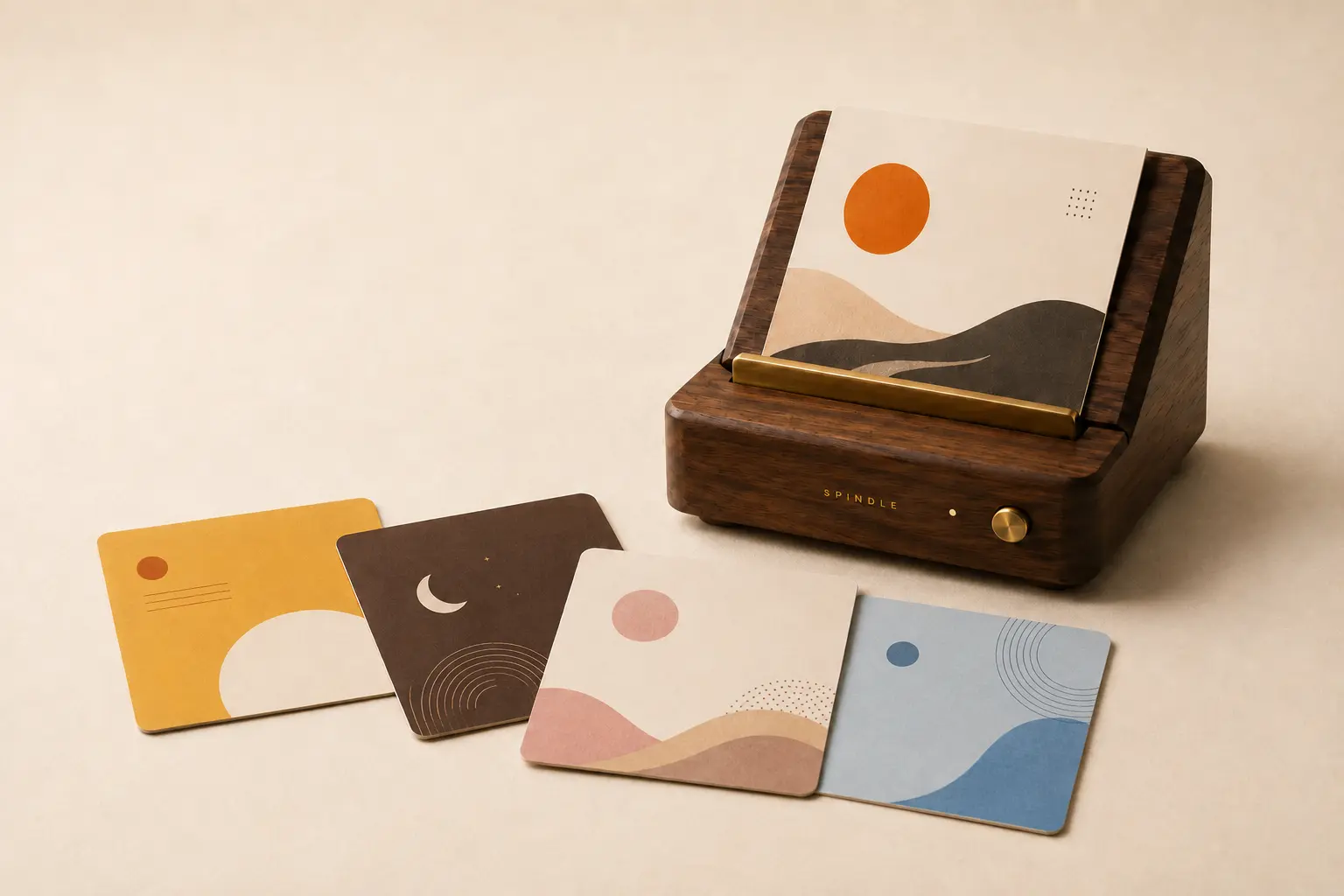 Spindle music player, illustrated track cards, and listening interface