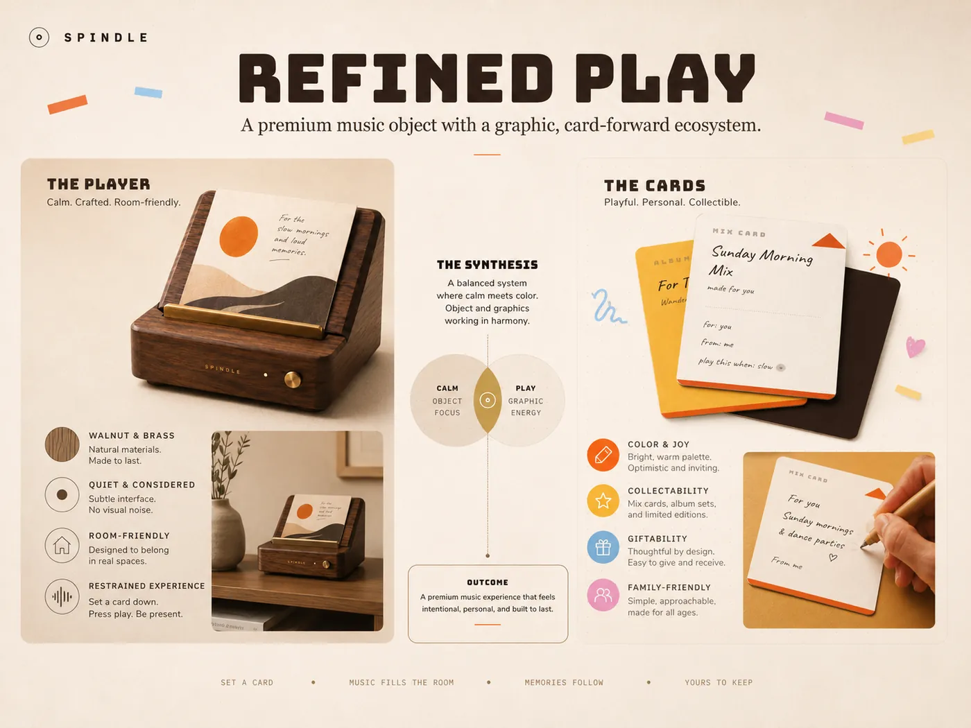 Final Spindle identity synthesis connecting the physical player, collectible cards, and brand system